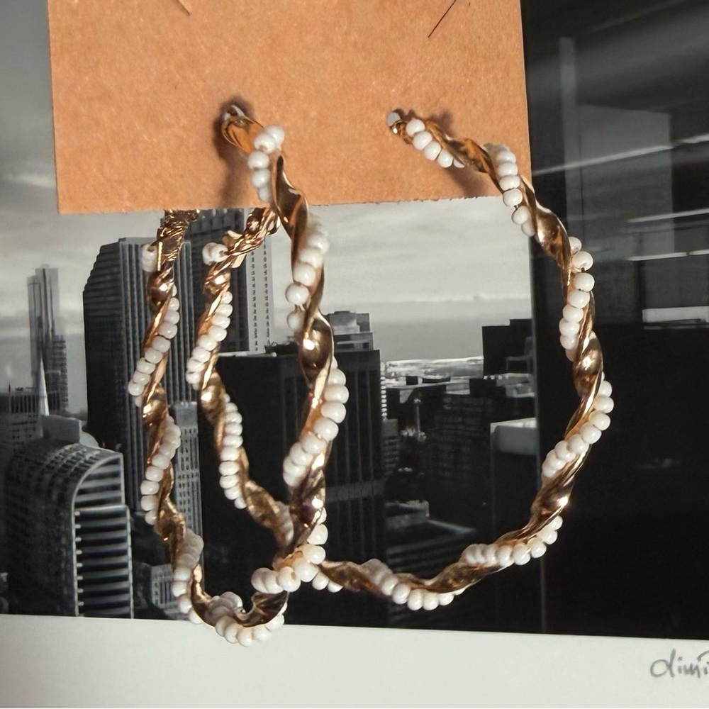 Rock & Vibe Twisted Boho Moto Gold White Beaded Hoop Earrings